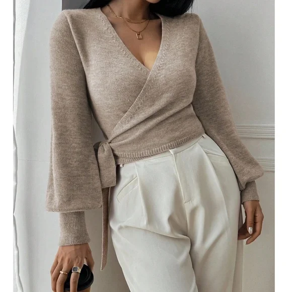 Cozy Solid V neck Wrap Side Tie Knit Cropped Sweater Top - Picture 4 of 7